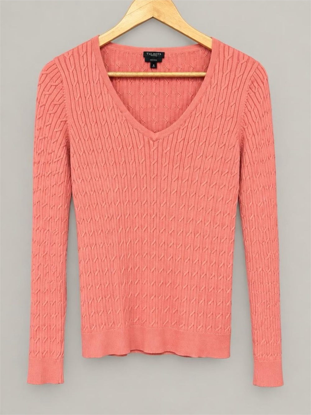 Talbots Coral-Pink V-Neck Cable Knit Sweater - M